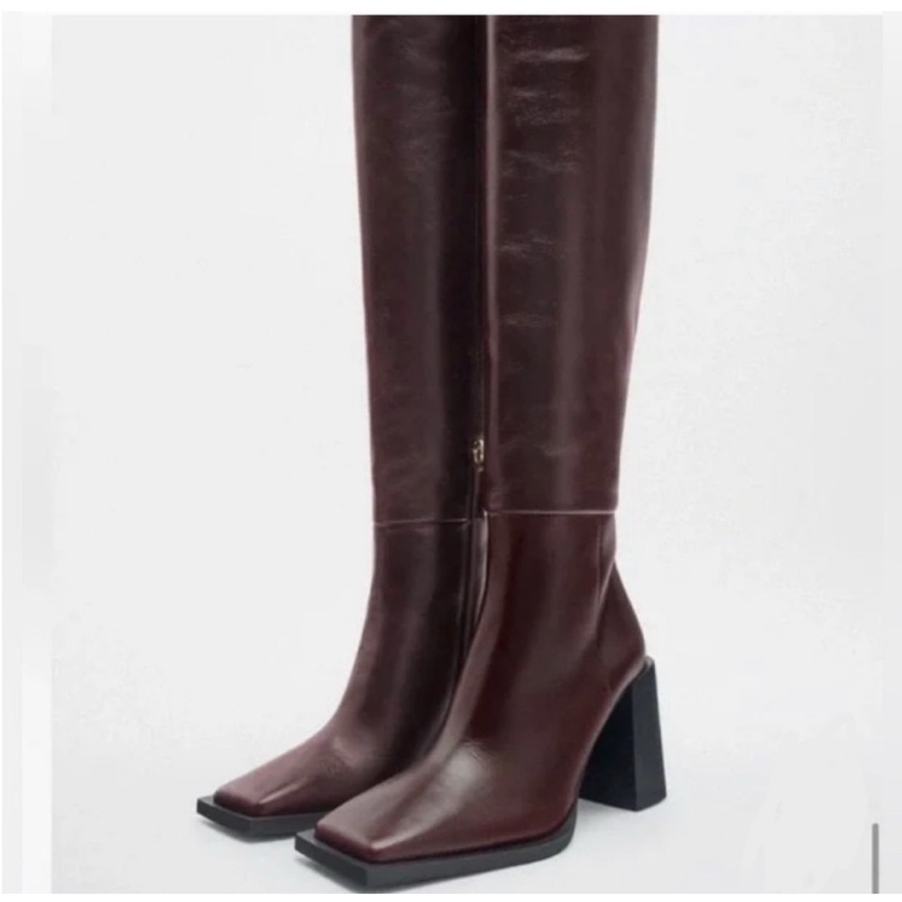 NWT Zara Oxblood Burgundy Knee High Boots, Square Toe Block Heel, US 5.5
